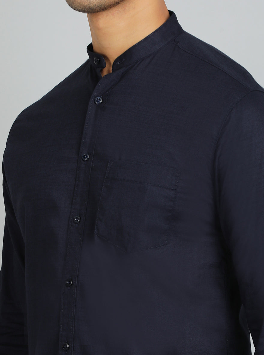 Navy Blue Solid Slim Fit Casual Shirt | pehervi