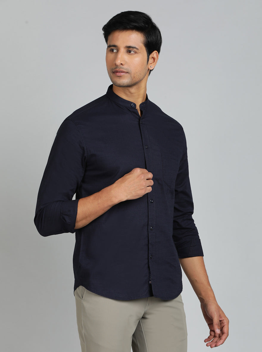 Navy Blue Solid Slim Fit Casual Shirt | pehervi