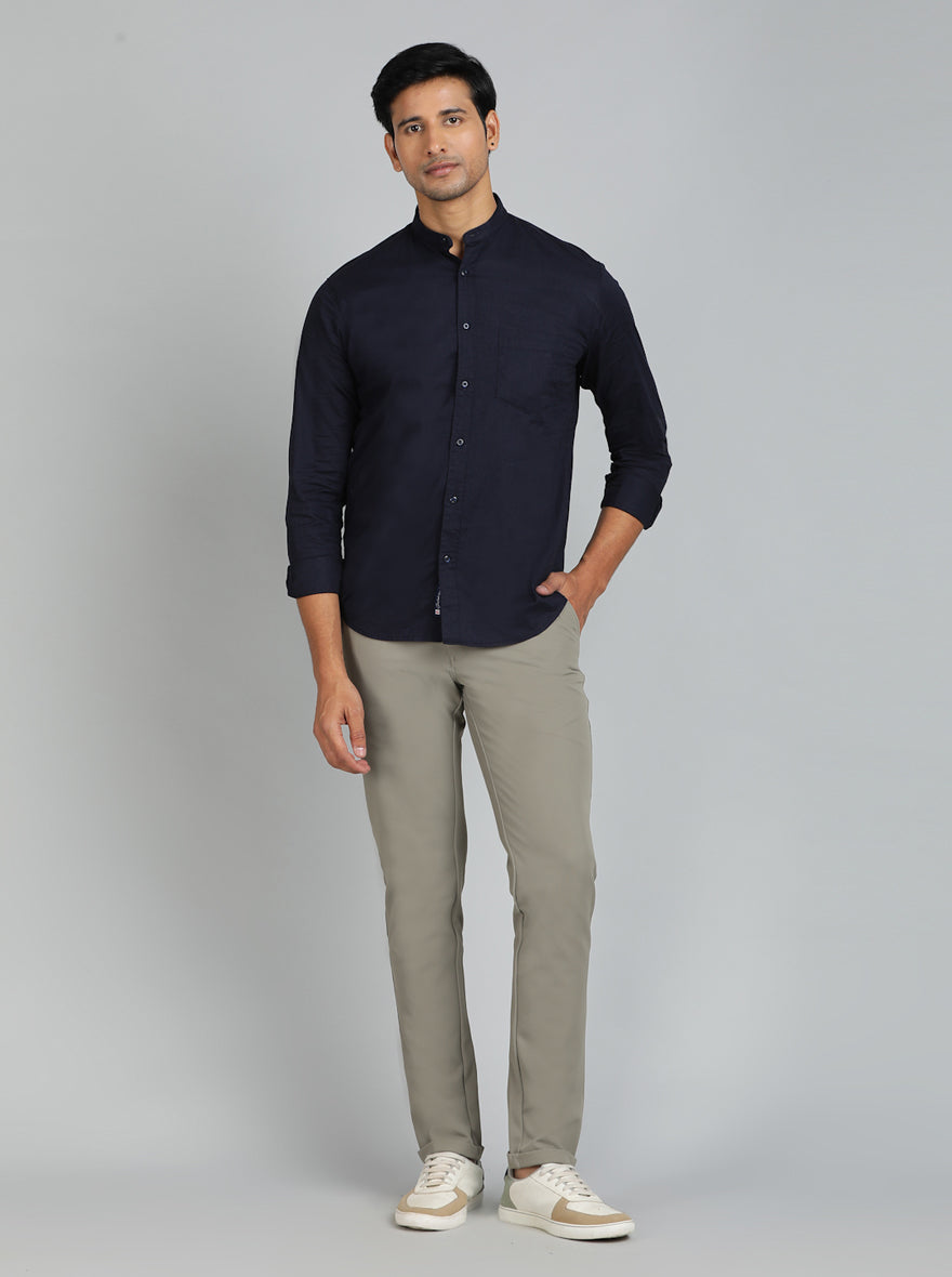 Navy Blue Solid Slim Fit Casual Shirt | pehervi