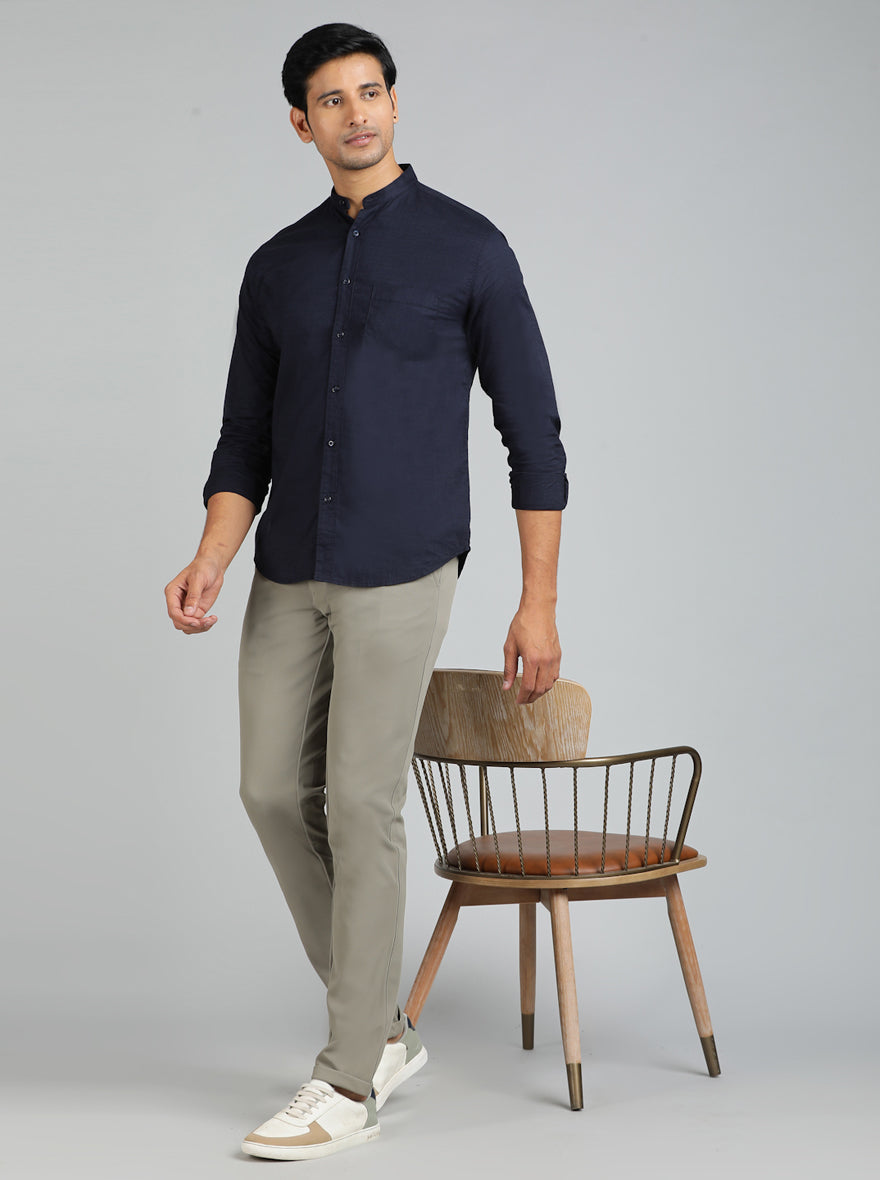 Navy Blue Solid Slim Fit Casual Shirt | pehervi