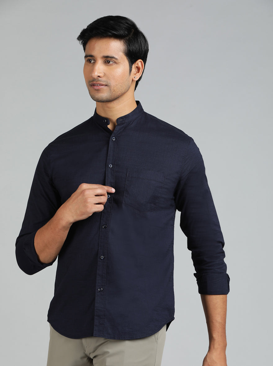 Navy Blue Solid Slim Fit Casual Shirt | pehervi