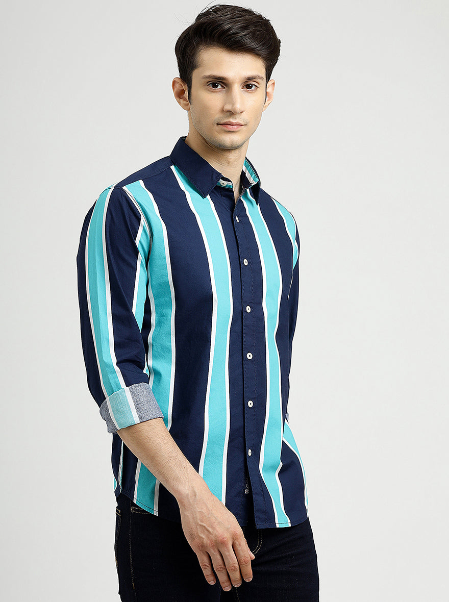 Blue Striped Slim Fit Casual Shirt | pehervi