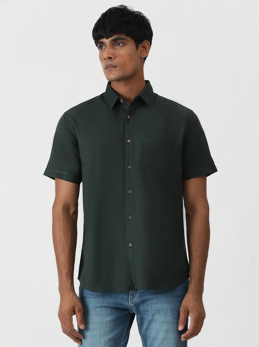 Olive Green Solid Slim Fit Casual Shirt | pehervi