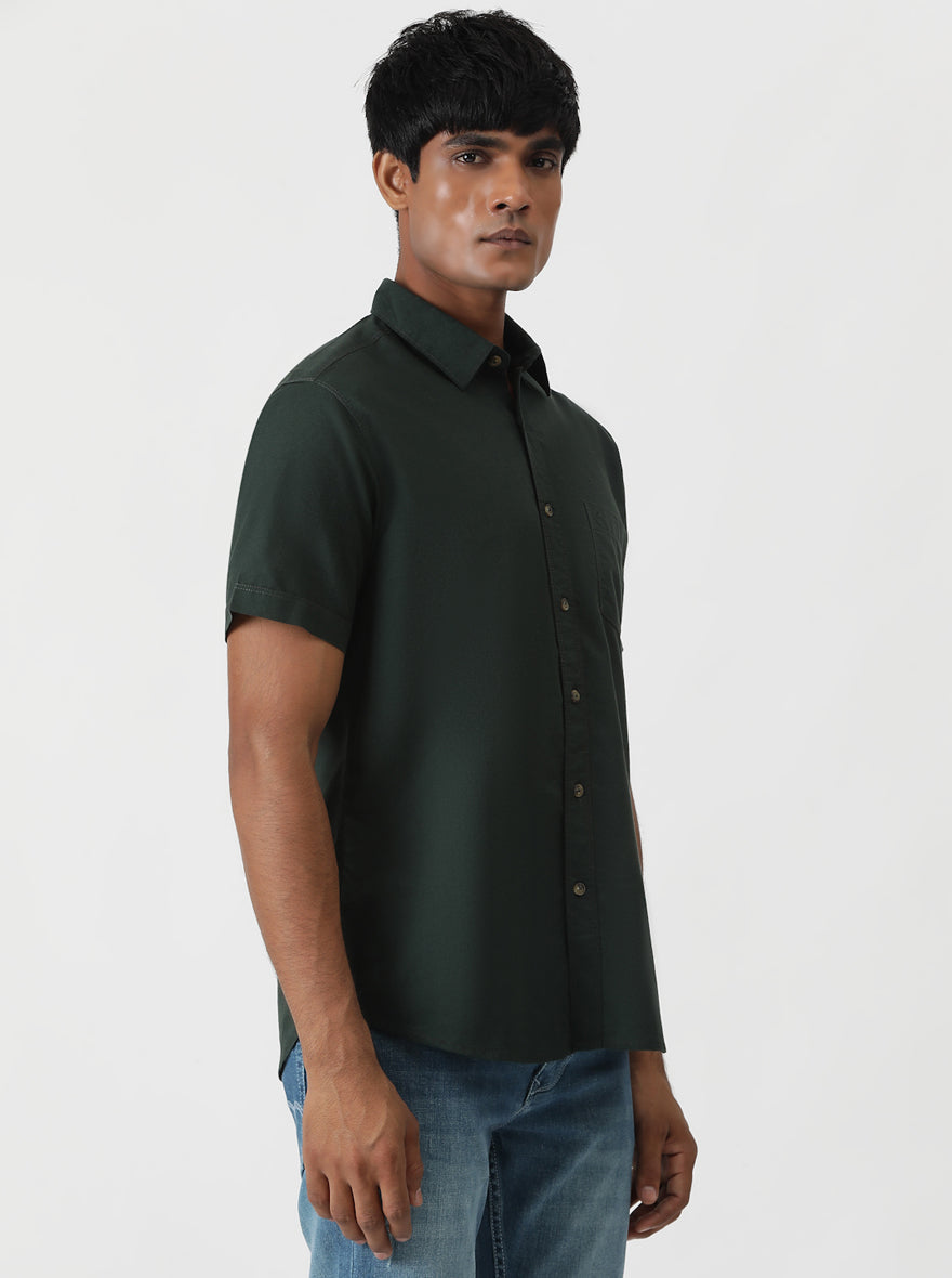 Olive Green Solid Slim Fit Casual Shirt | pehervi