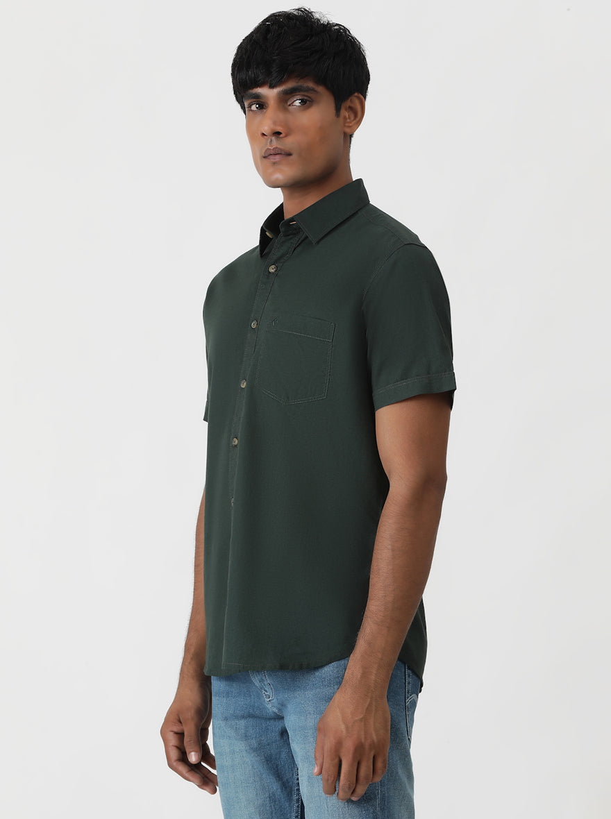 Olive Green Solid Slim Fit Casual Shirt | pehervi