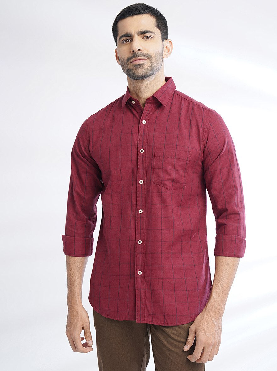 Maroon Checked Slim Fit Casual Shirt | pehervi