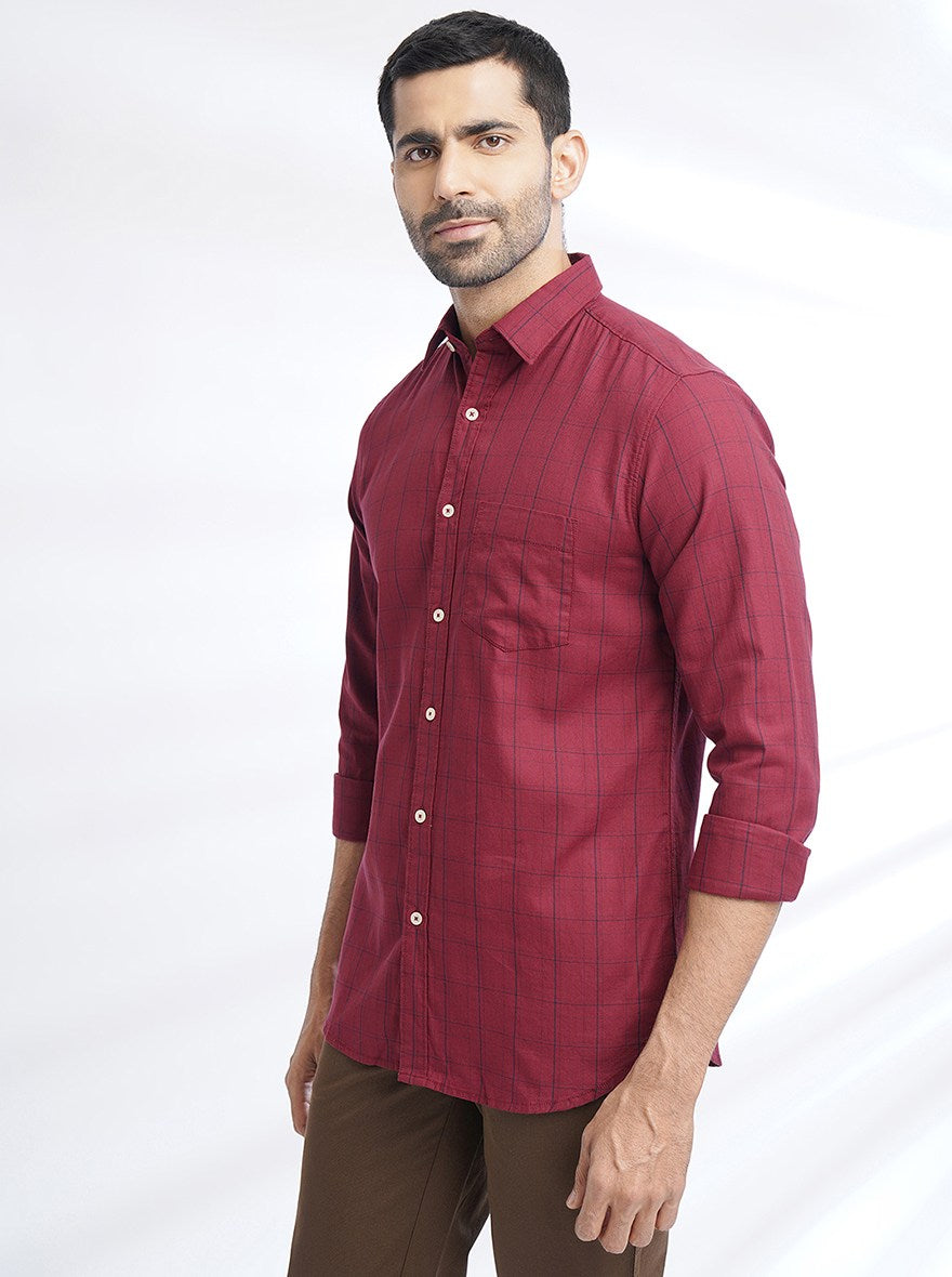 Maroon Checked Slim Fit Casual Shirt | pehervi