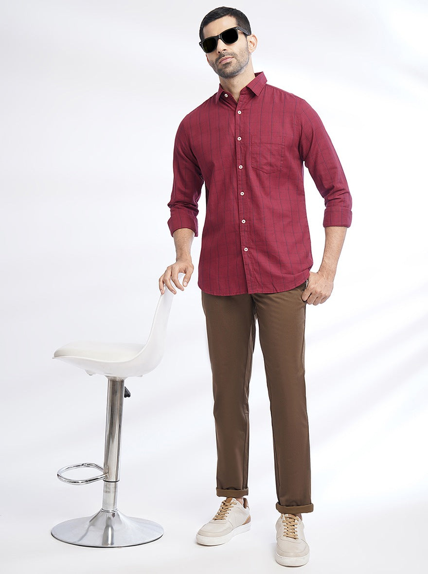Maroon Checked Slim Fit Casual Shirt | pehervi