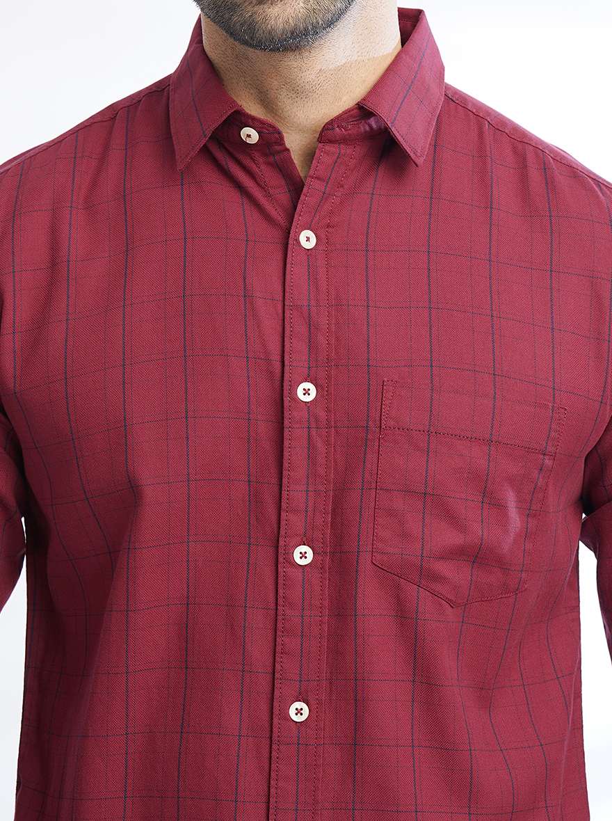 Maroon Checked Slim Fit Casual Shirt | pehervi