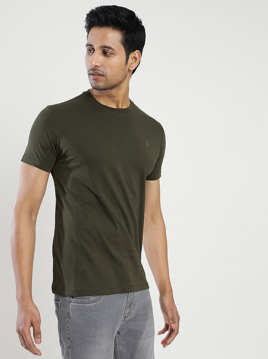 Olive Green Solid Slim Fit T-Shirt | pehervi
