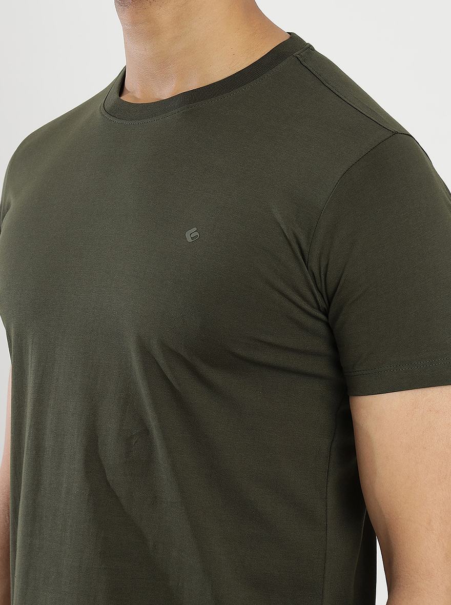 Olive Green Solid Slim Fit T-Shirt | pehervi