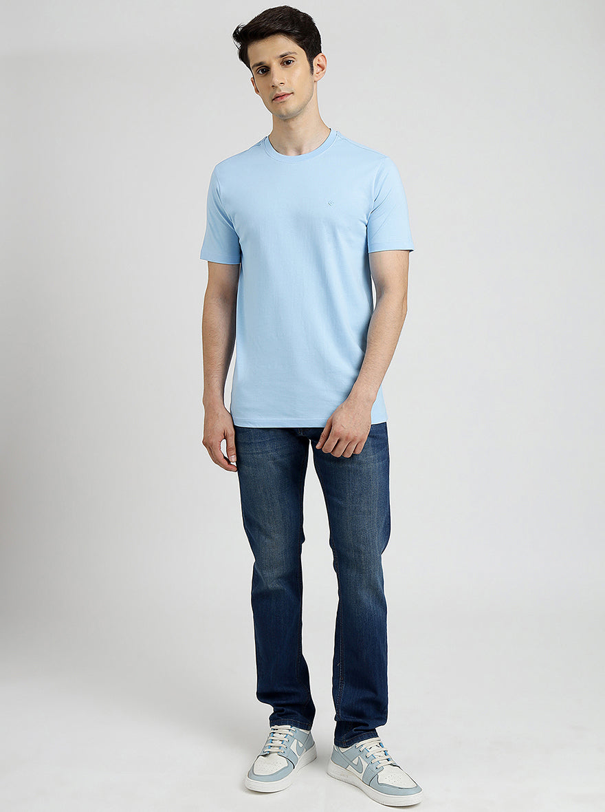 Light Blue Solid Slim Fit T-Shirt | pehervi