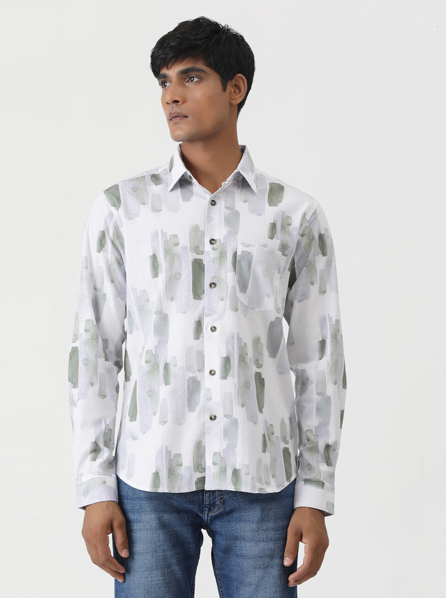 Green Printed Slim Fit Casual Shirt | pehervi