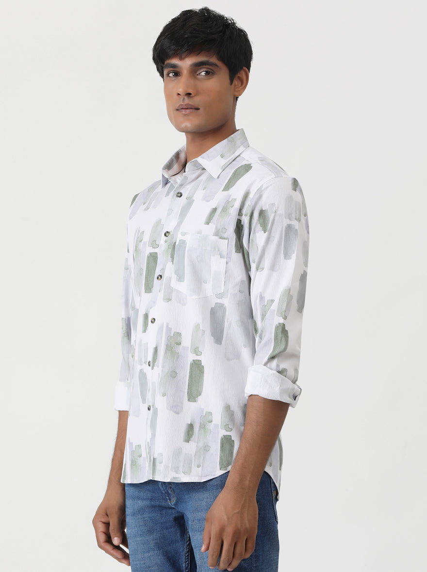 Green Printed Slim Fit Casual Shirt | pehervi