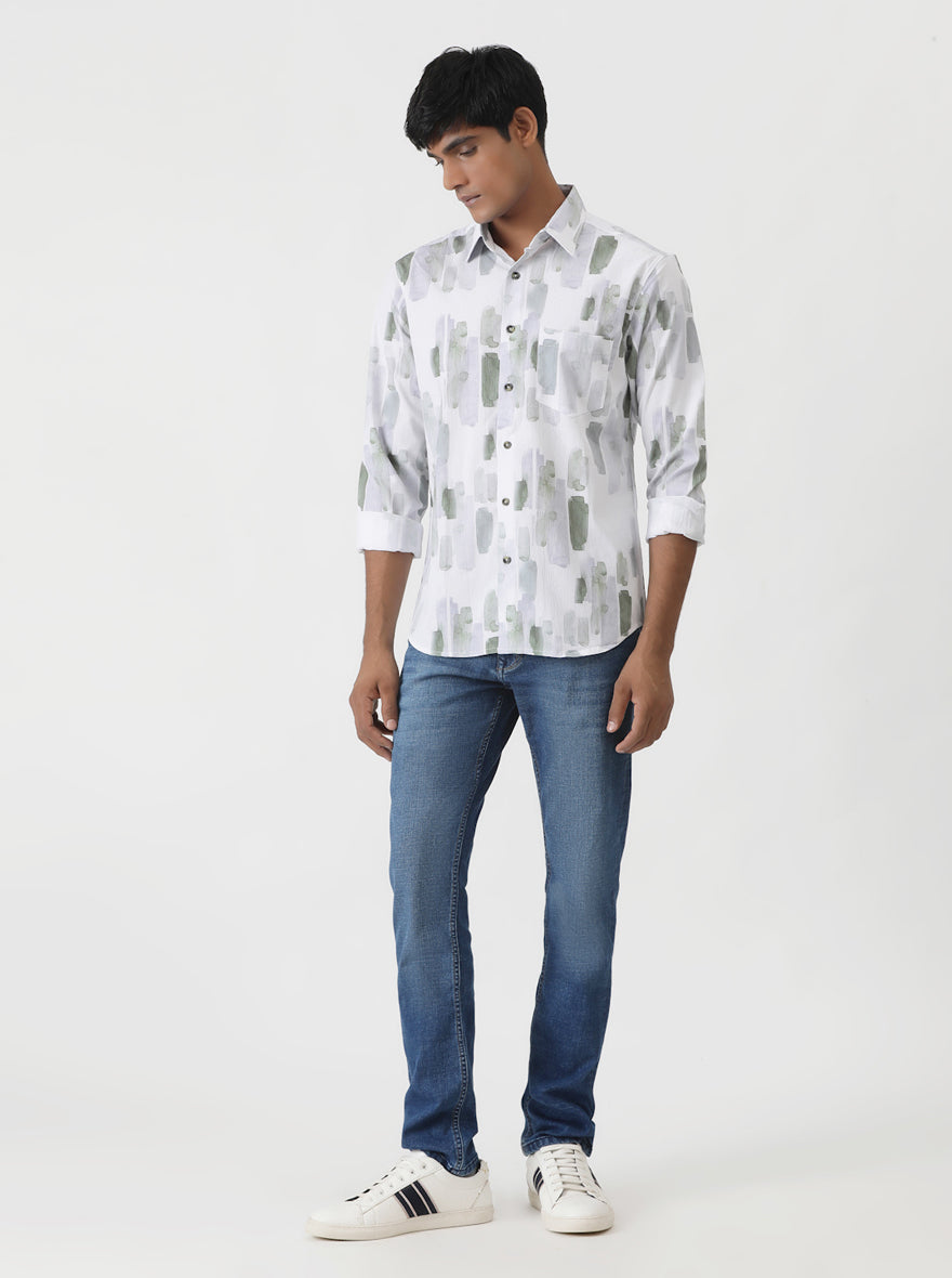 Green Printed Slim Fit Casual Shirt | pehervi