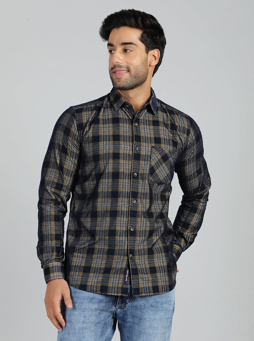 Yellow & Blue Checked Slim Fit Casual Shirt | pehervi