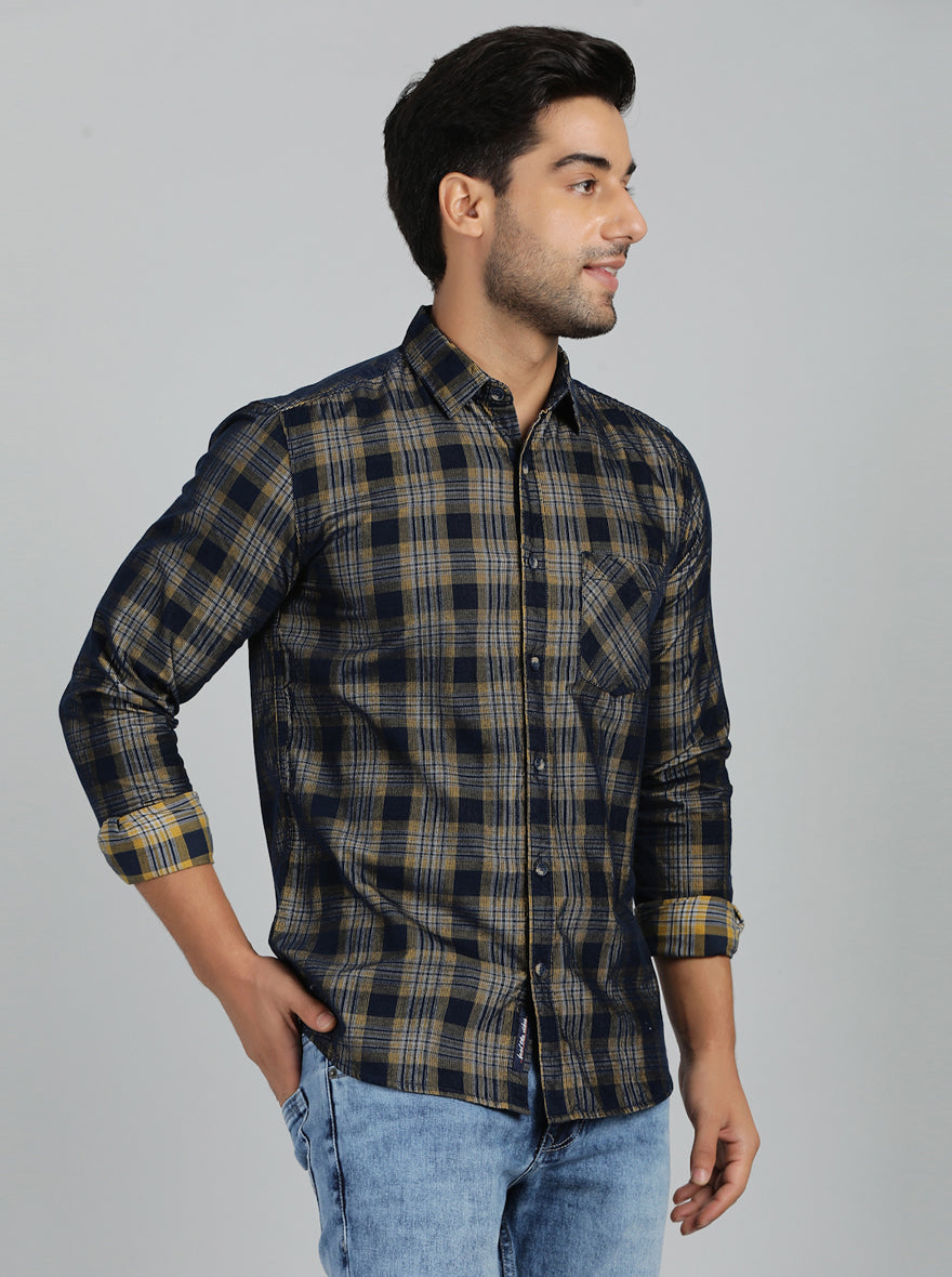 Yellow & Blue Checked Slim Fit Casual Shirt | pehervi