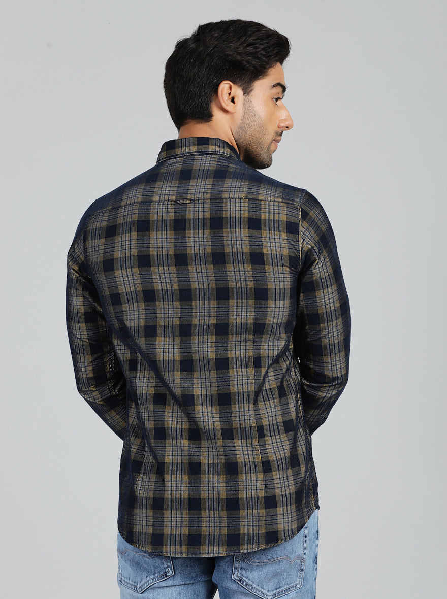 Yellow & Blue Checked Slim Fit Casual Shirt | pehervi