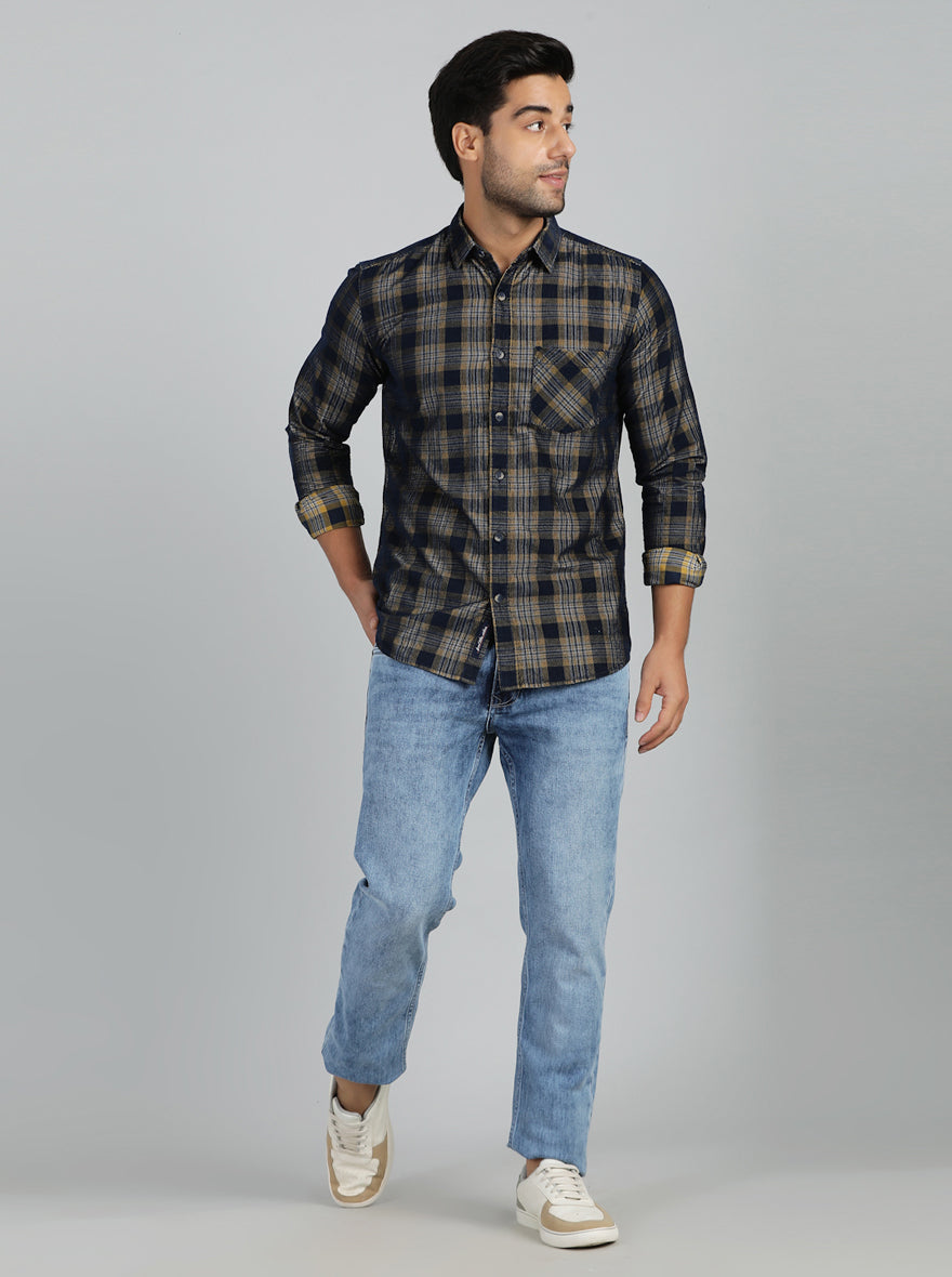 Yellow & Blue Checked Slim Fit Casual Shirt | pehervi