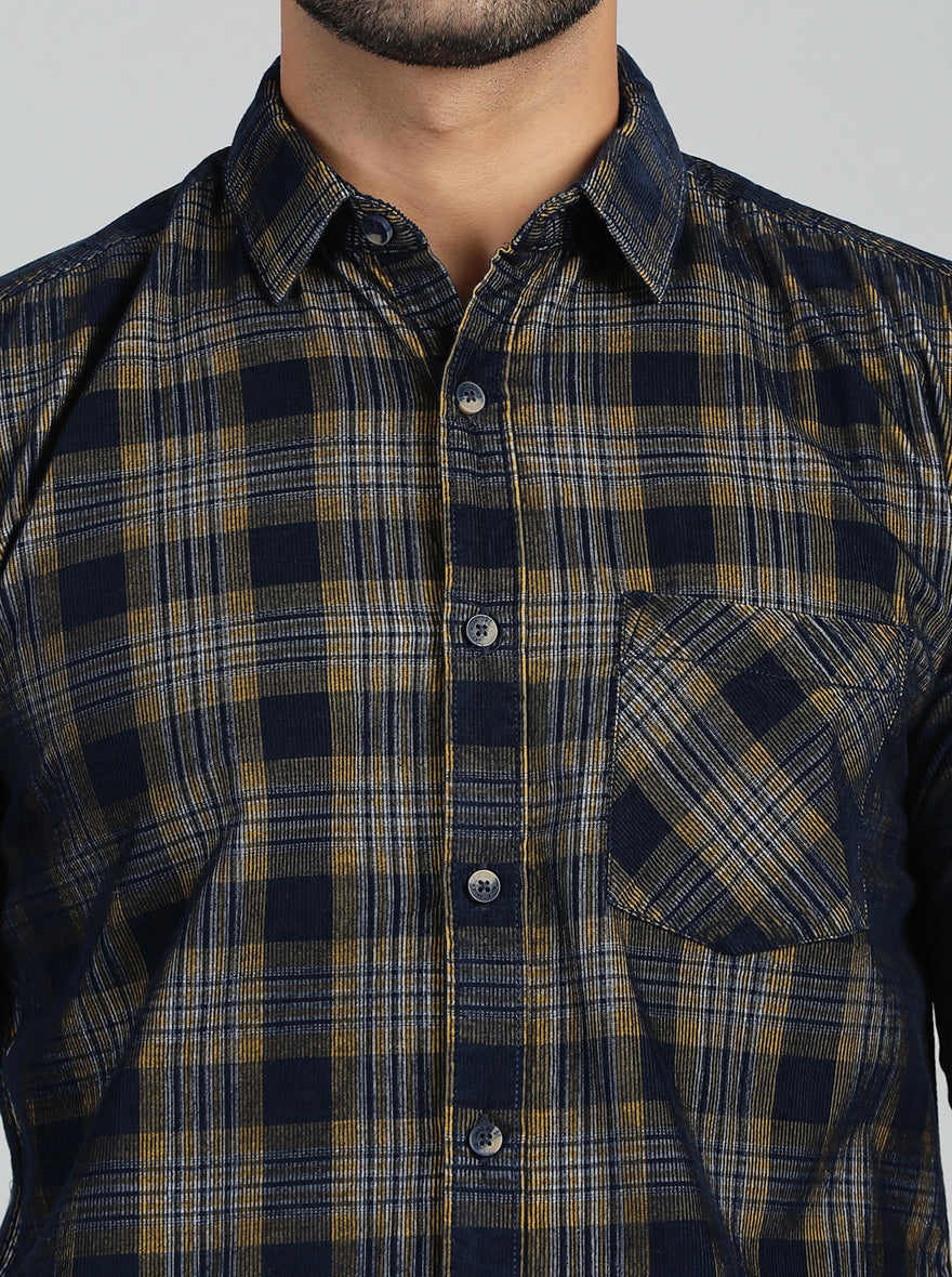 Yellow & Blue Checked Slim Fit Casual Shirt | pehervi
