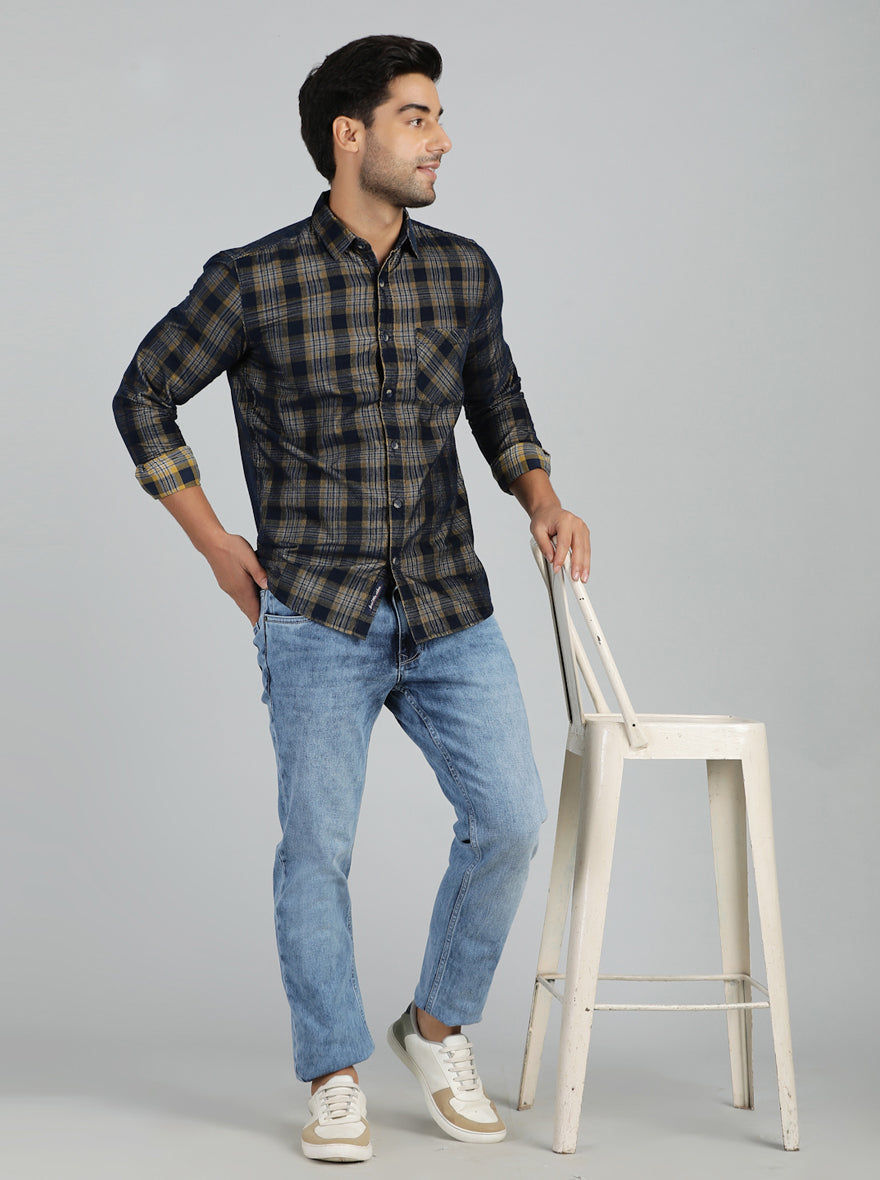 Yellow & Blue Checked Slim Fit Casual Shirt | pehervi
