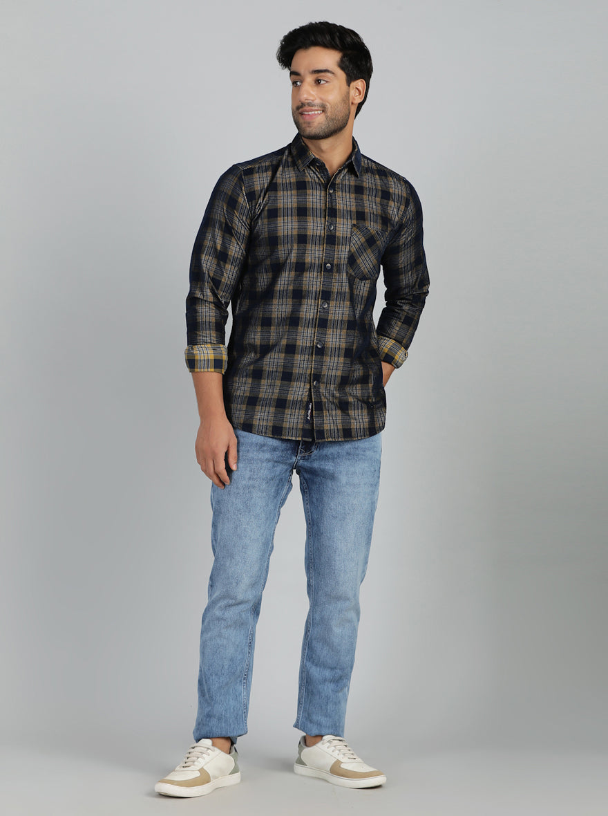 Yellow & Blue Checked Slim Fit Casual Shirt | pehervi