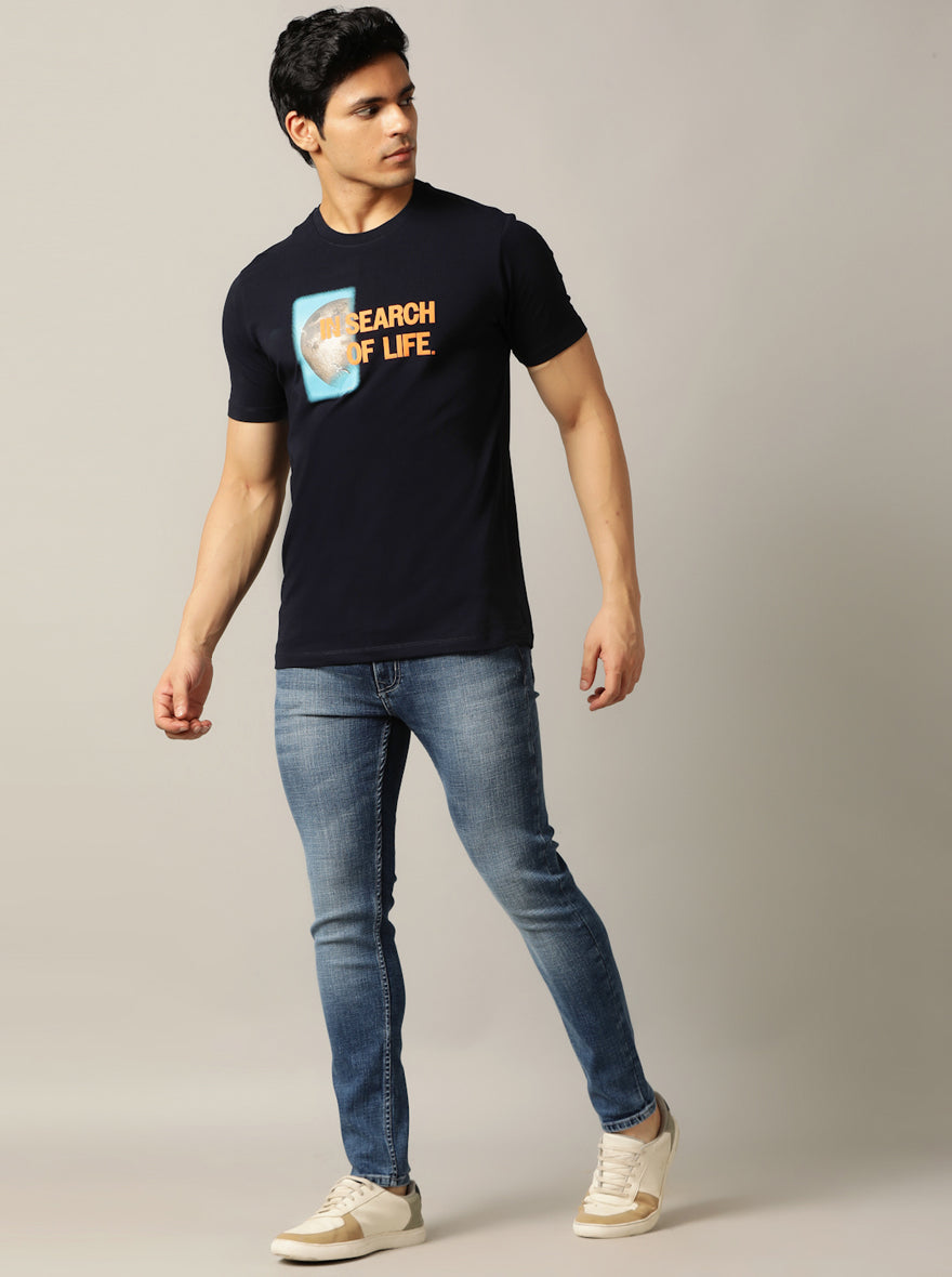 Navy Blue Printed Slim Fit T-Shirt | pehervi