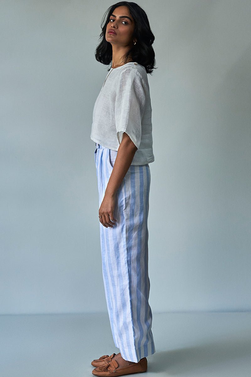 White Linen Top With Linen Striped Trousers