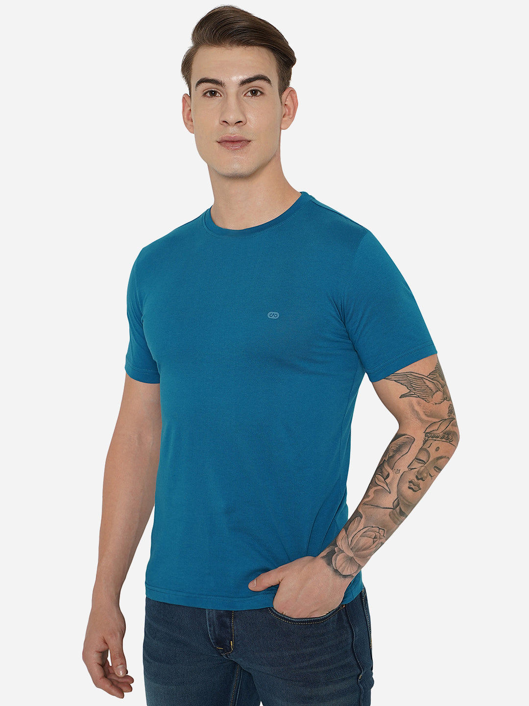 Seaport Blue Solid Slim Fit T-Shirt | pehervi