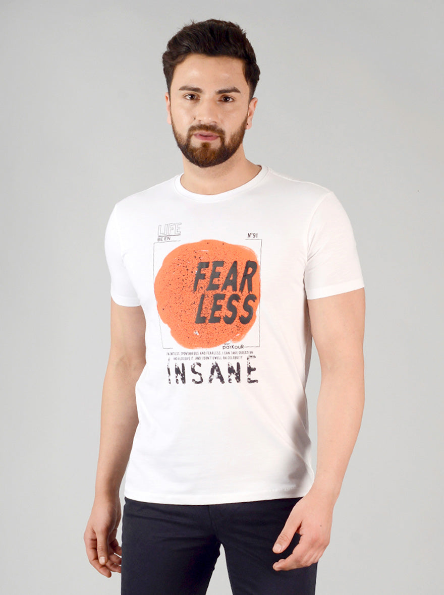 Bright White Printed Slim Fit T-shirt | pehervi