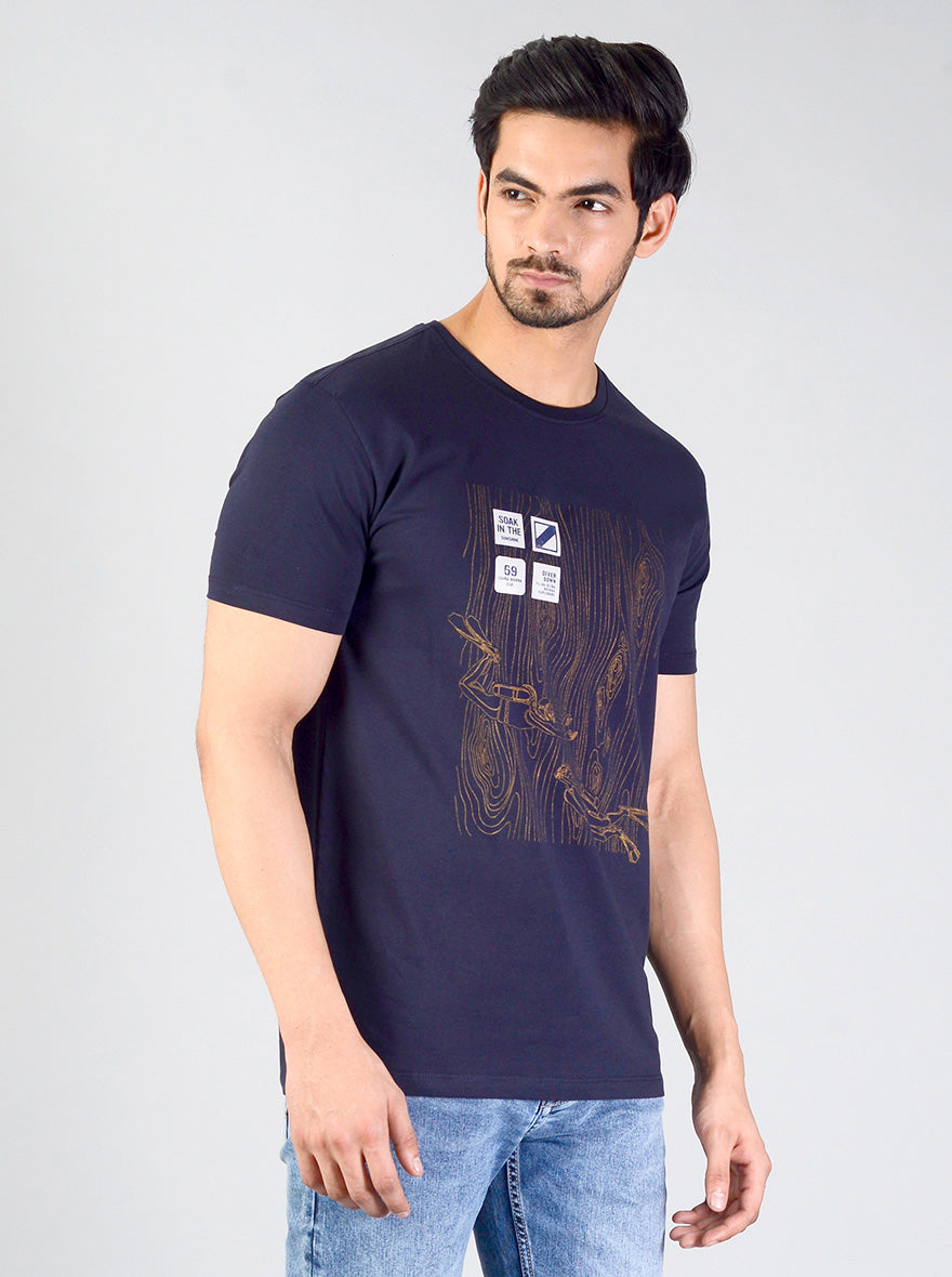 Deep Blue Printed Slim Fit T-shirt | pehervi
