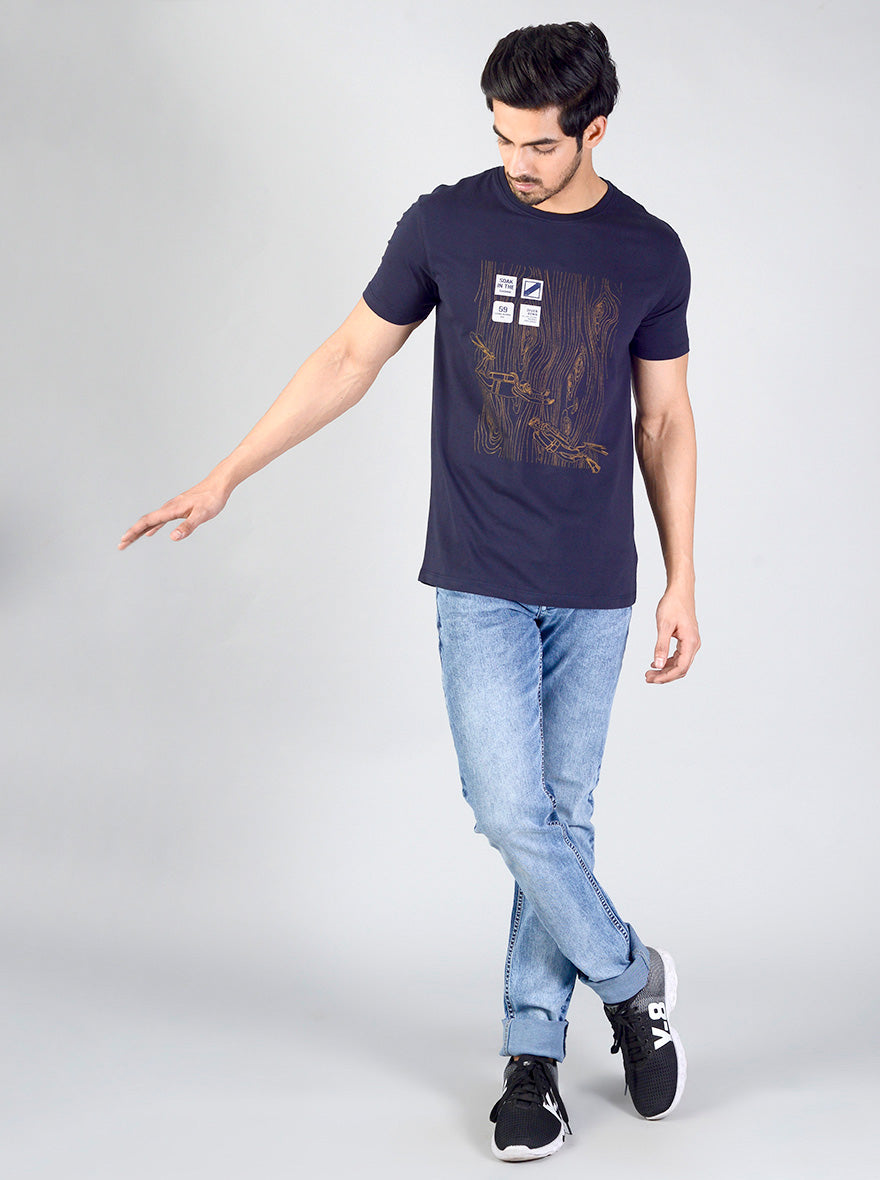 Deep Blue Printed Slim Fit T-shirt | pehervi