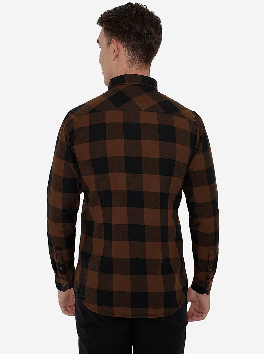 Brown & Navy Blue Checked Slim Fit Semi Casual Shirt | Pehervi