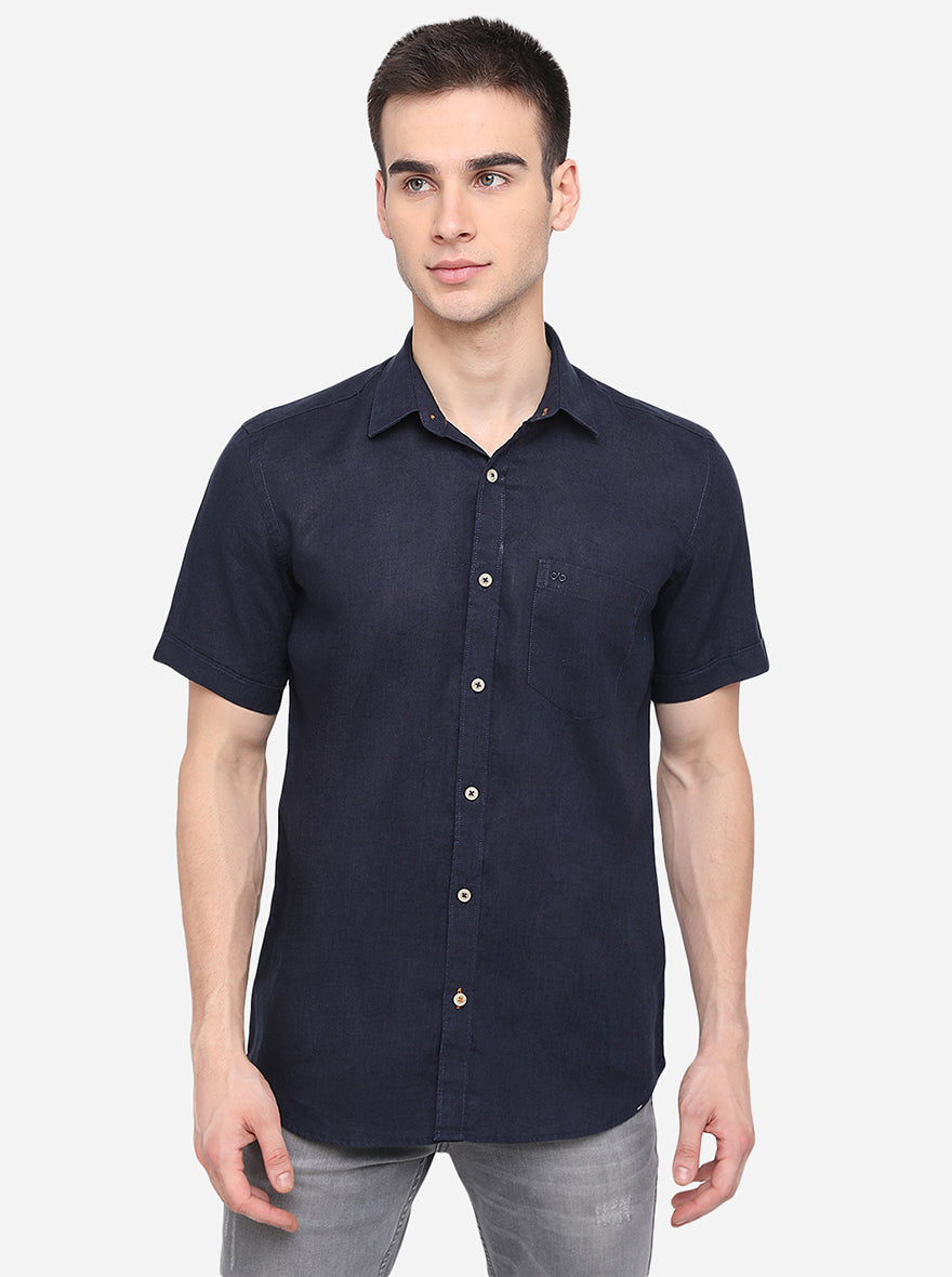 Indigo Blue Solid Slim Fit Semi Casual Shirt | Pehervi