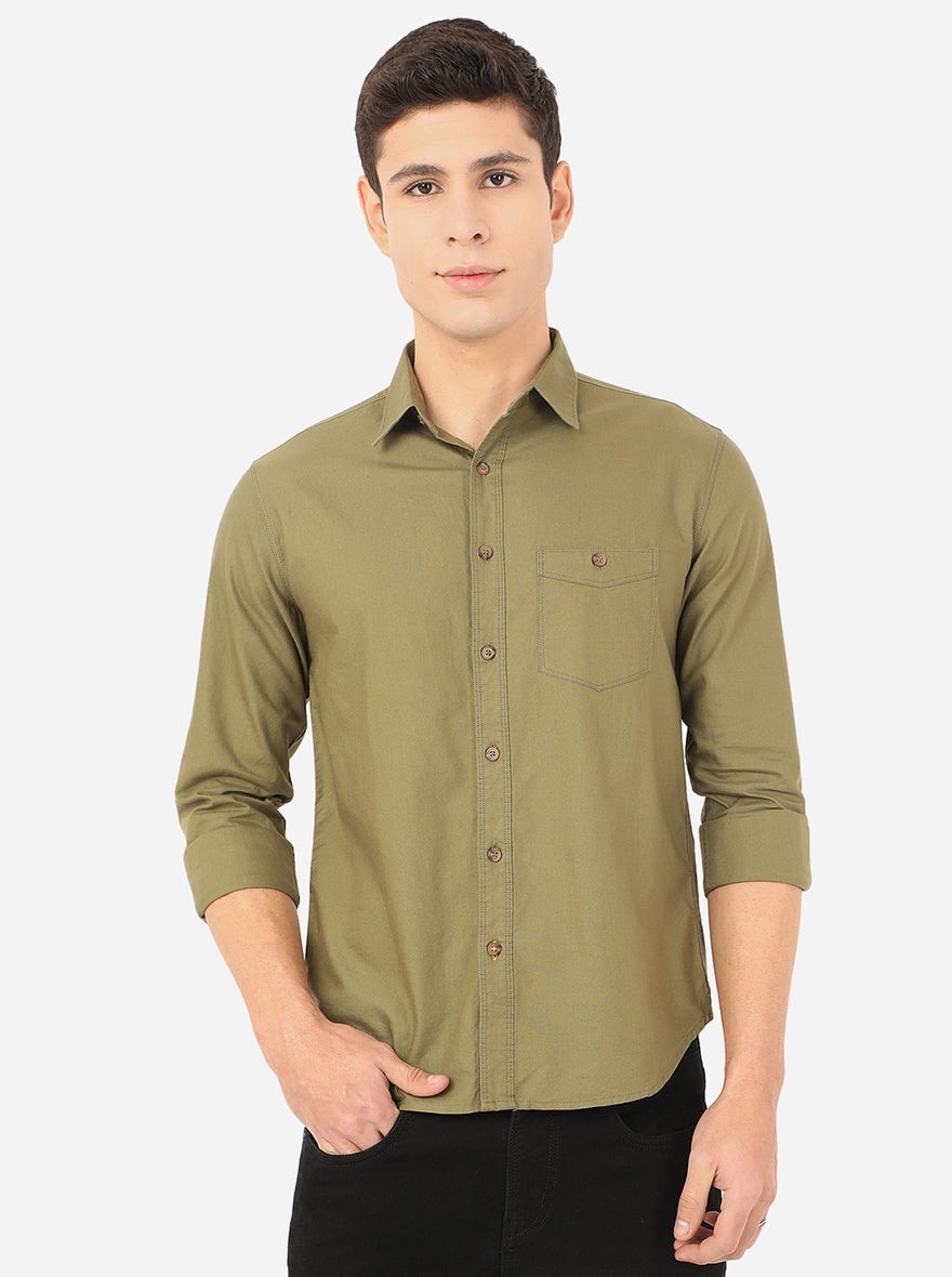 Olive Brown Solid Slim Fit Semi Casual Shirt | Pehervi