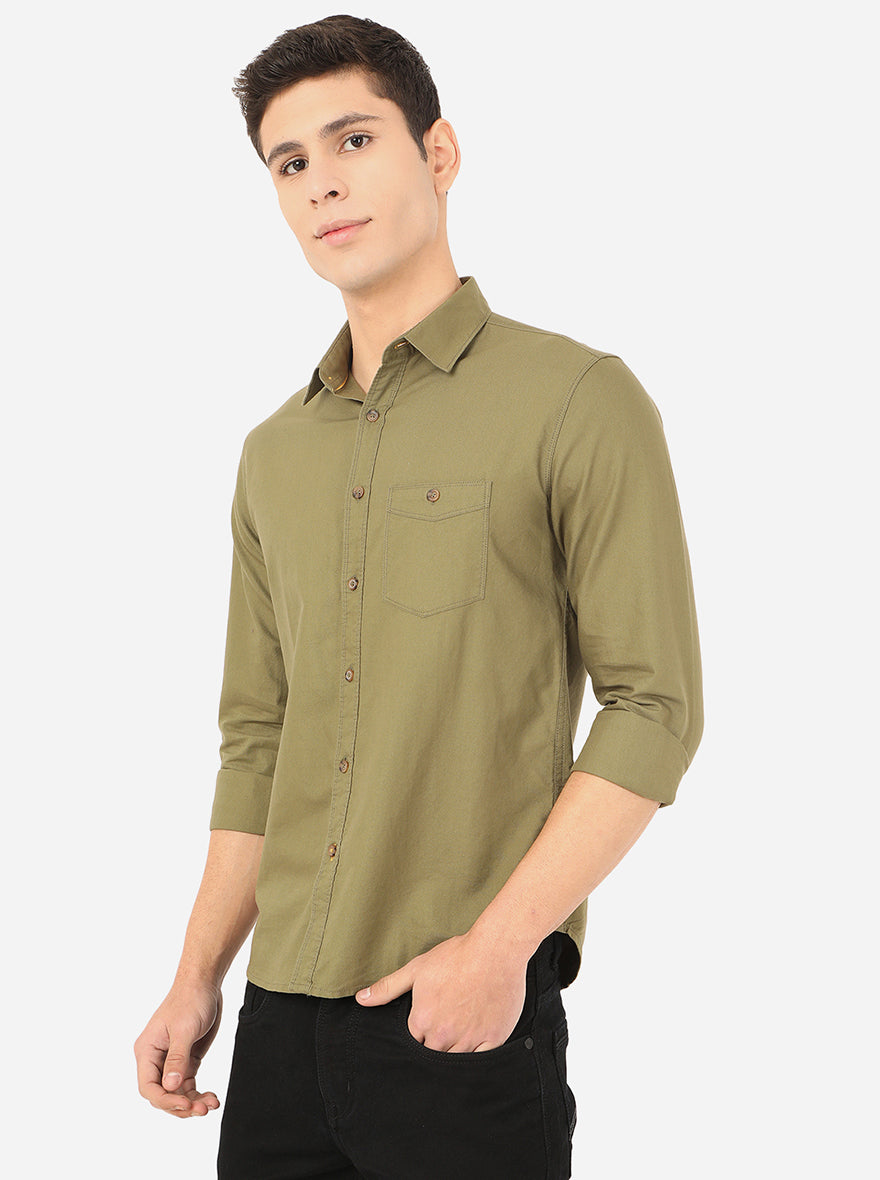 Olive Brown Solid Slim Fit Semi Casual Shirt | Pehervi