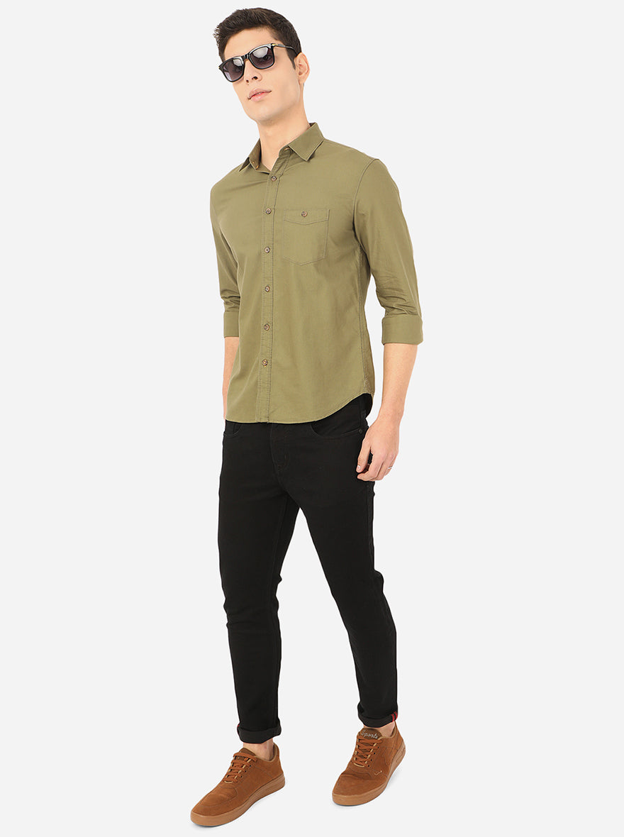 Olive Brown Solid Slim Fit Semi Casual Shirt | Pehervi