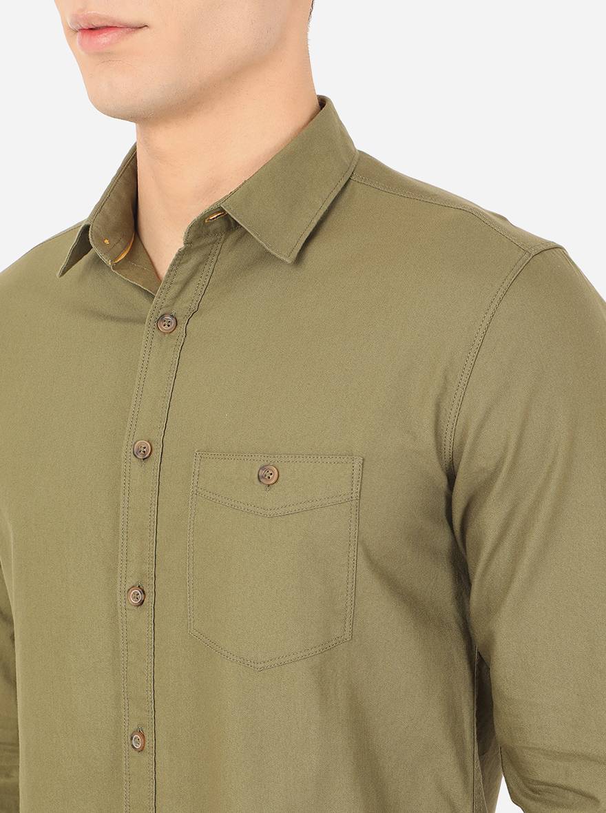 Olive Brown Solid Slim Fit Semi Casual Shirt | Pehervi