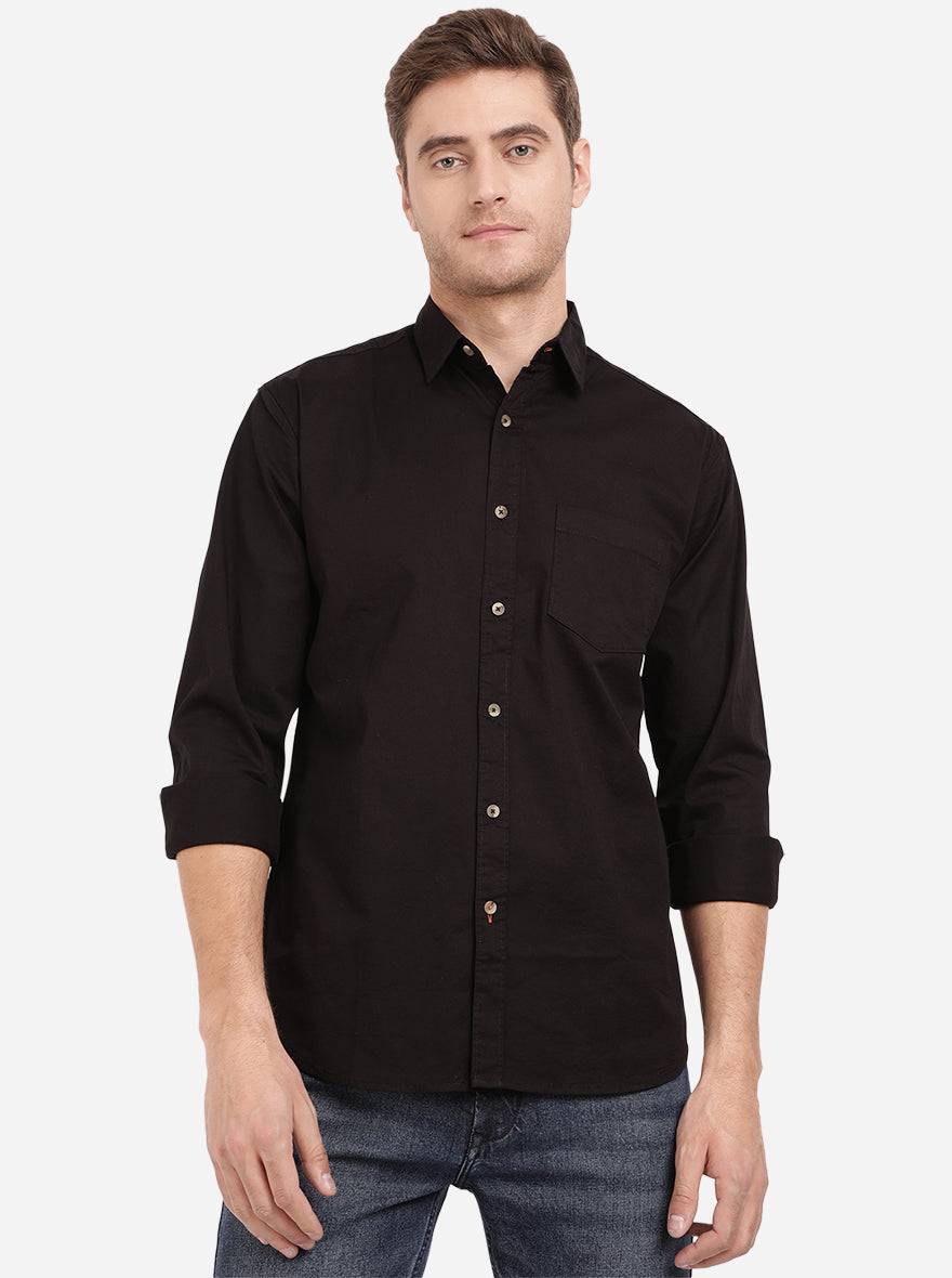 Jet Black Solid Slim Fit Semi Casual Shirt | Pehervi