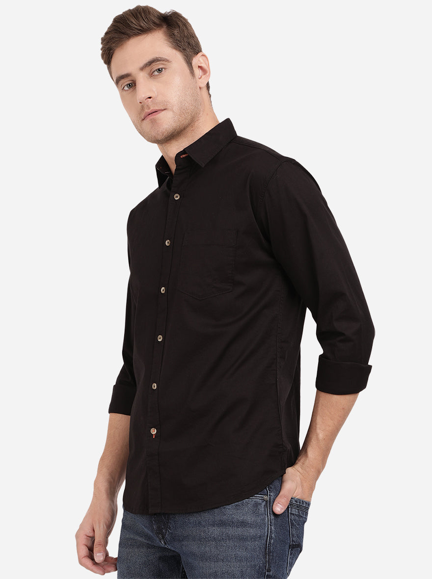 Jet Black Solid Slim Fit Semi Casual Shirt | Pehervi