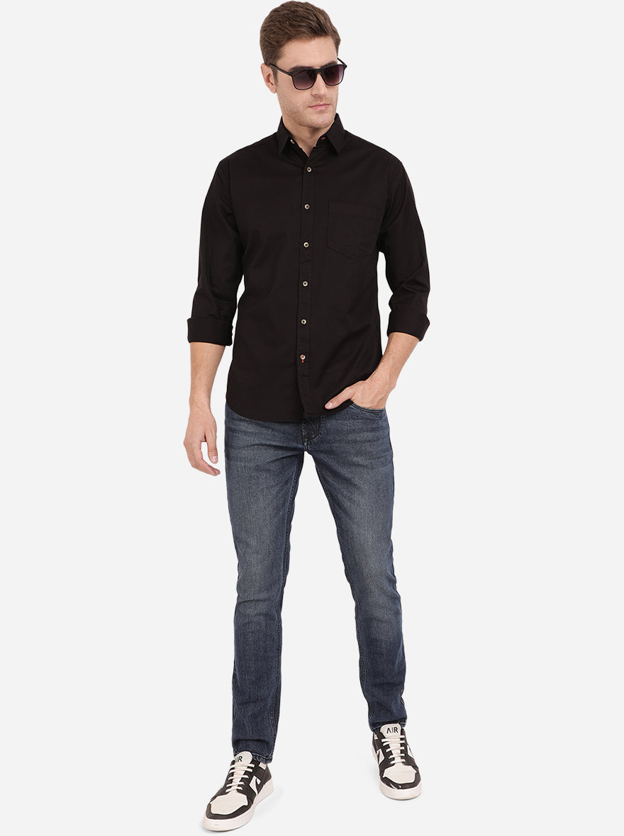 Jet Black Solid Slim Fit Semi Casual Shirt | Pehervi