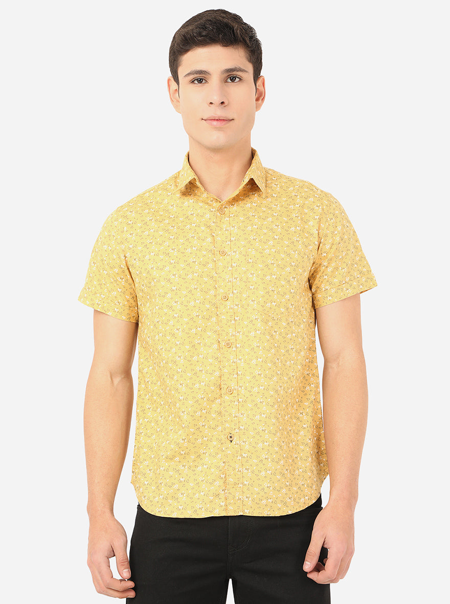 Mustard Yellow Printed Slim Fit Semi Casual Shirt | Pehervi