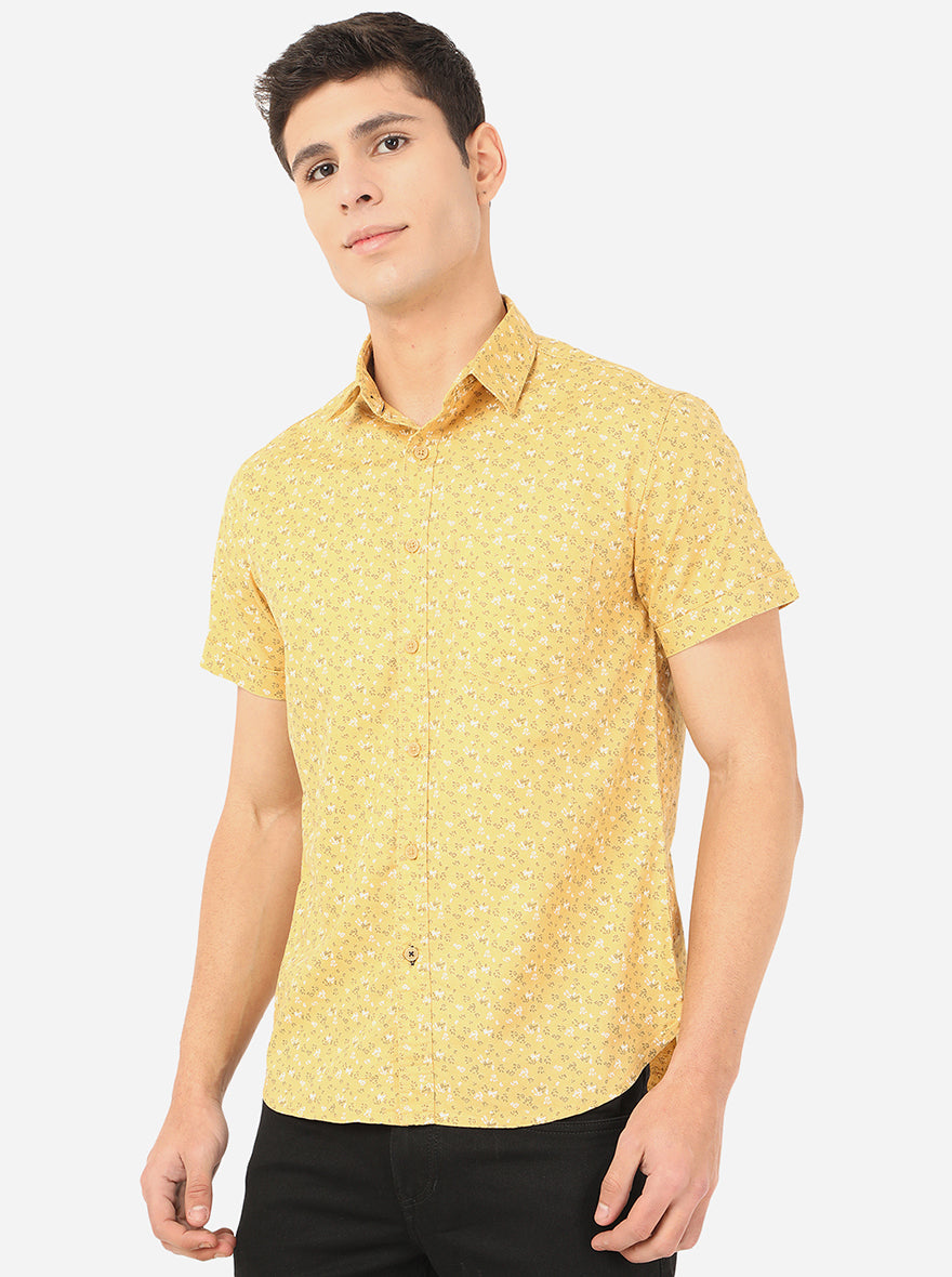 Mustard Yellow Printed Slim Fit Semi Casual Shirt | Pehervi