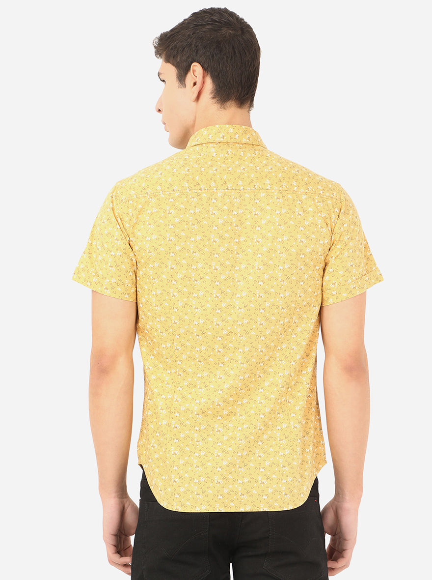 Mustard Yellow Printed Slim Fit Semi Casual Shirt | Pehervi