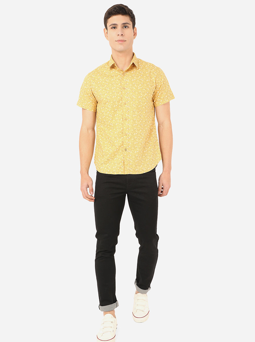 Mustard Yellow Printed Slim Fit Semi Casual Shirt | Pehervi