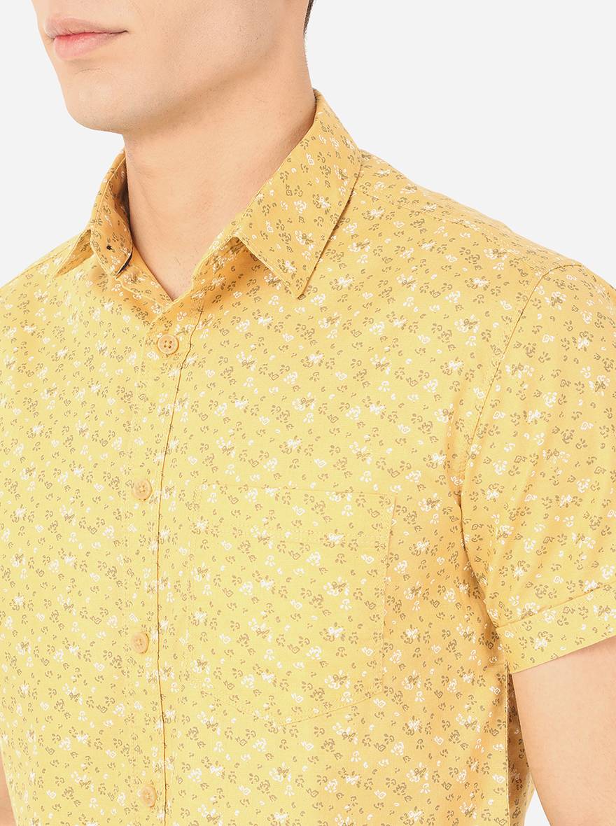 Mustard Yellow Printed Slim Fit Semi Casual Shirt | Pehervi