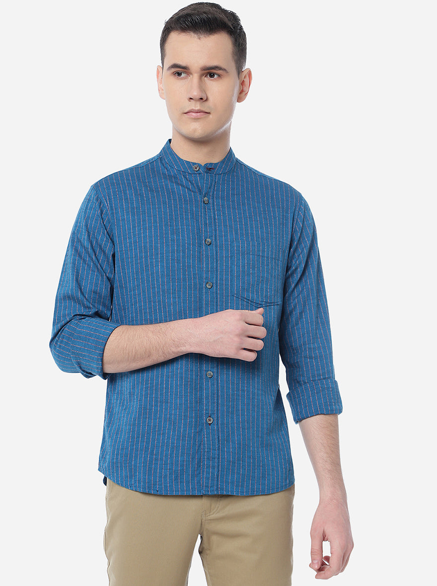 Blue Striped Slim Fit Semi Casual Shirt | Pehervi
