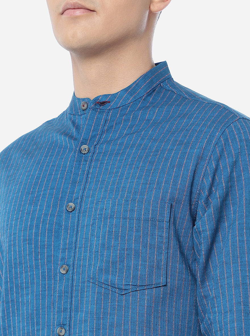 Blue Striped Slim Fit Semi Casual Shirt | Pehervi