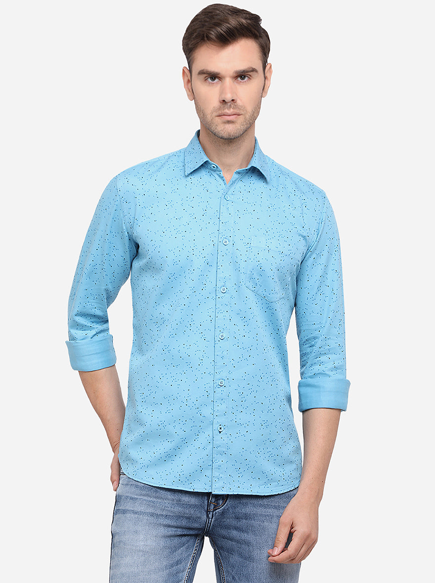 Sky Blue Printed Slim Fit Semi Casual Shirt | Pehervi