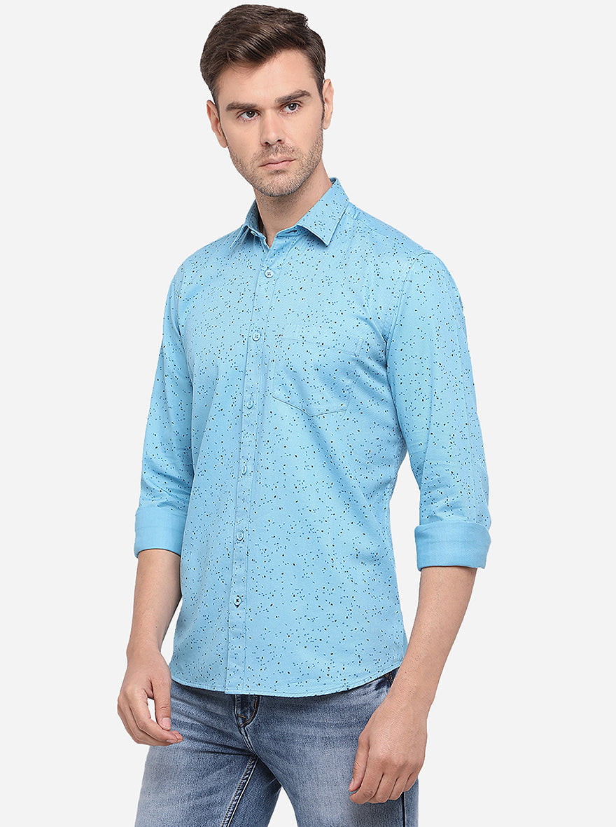 Sky Blue Printed Slim Fit Semi Casual Shirt | Pehervi